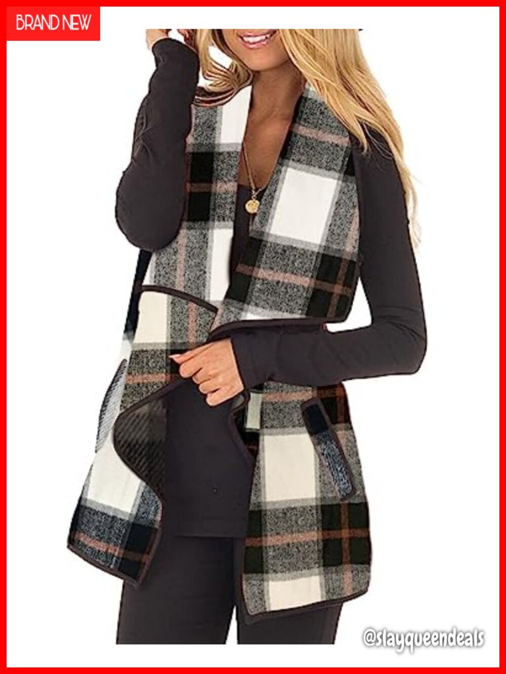 Plaid Open Front Sleeveless Cardigan Vest with Pockets